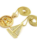 Iced Out Yacht Pendant And QC Pendant With Box Chain Necklaces Set For Hip Hop Fans Includes 24 Inch And 30 Inch Chains And Pendant Sizes 1.25 Inch By 1.65 Inch And 1.5 Inch By 2.15 Inch