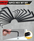 16-piece hex bit set in black with Allen keys arranged in a fan shape, close-up of key in use, showing hex-end detail.