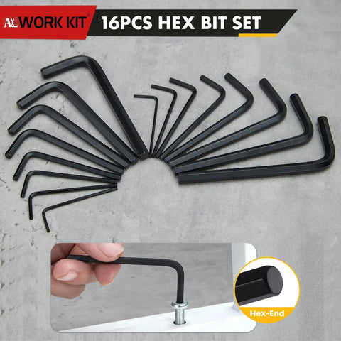 16-piece hex bit set in black with Allen keys arranged in a fan shape, close-up of key in use, showing hex-end detail.