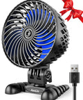 Desktop Mini USB Fan With Stepless Speed Control And Quiet Powerful Airflow Boss Level Cooling featuring blue blades and USB cable.