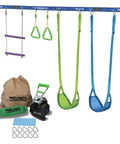 Backyard Gymnastics And Swing Set Kit With 36 Ft Slackline, Monkey Bars, Two Swings, Double Trapeze Bar, Two Gym Rings, outdoor playset