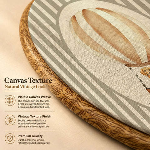 Close-up of vintage cute golden retriever nursery oval wall art with gray striped hot air balloon design on canvas texture.