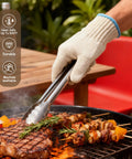 932F Heat Resistant Oven And Grill Gloves For BBQ Grilling Baking And Welding With Cut Resistant Aramid Fiber Protection Non Slip Grip Easy On Off Durable White 1 Pair 2 Pieces Set handling grill tongs
