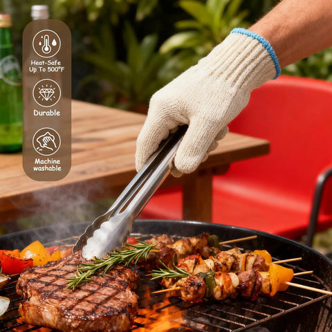 932F Heat Resistant Oven And Grill Gloves For BBQ Grilling Baking And Welding With Cut Resistant Aramid Fiber Protection Non Slip Grip Easy On Off Durable White 1 Pair 2 Pieces Set handling grill tongs