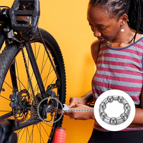 Person repairing bike with Bicycle Crank Ball Bearings Kit 3/16 Inch 5mm 7 Balls 10 Pack Replacement Bearings For Bottom Bracket