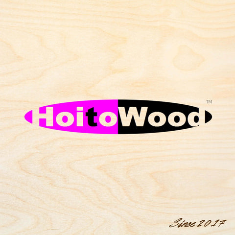 Front view: light birch plywood sheet with pink and black HoitoWood logo across the center.