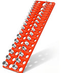 Manalete thread checker gauge, orange plastic bolt size finder for standard and metric thread sizes.