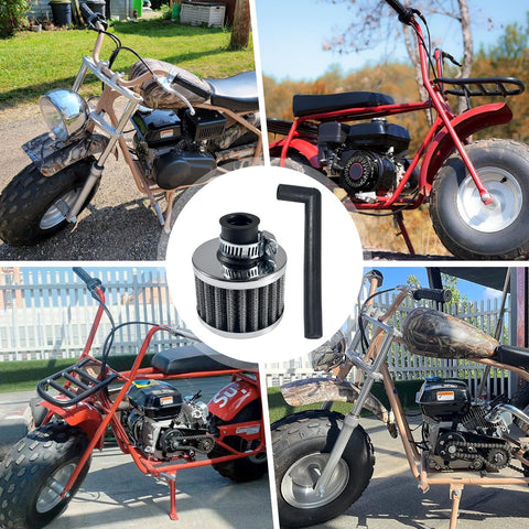 Collage showing 12mm Air Filter Upgrade for 212cc 196cc Engines and Honda GX160 GX200 on mini bikes and go karts