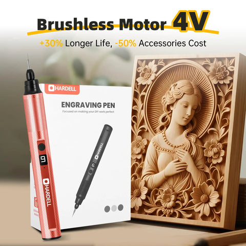 Badass Eighteen Thousand To Thirty Eight Thousand Rpm Rotary Carving Pen With Usb C Charger And A Full Forty One Piece Setup Craft Tight Etchings On Wood Iron Glass Or Rock With No Sweat Handheld Precision next to engraved wooden image.