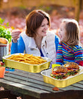 Four Sets Disposable Chafing Dishes Buffet Set With Chafer Wire Racks; burgers and fries served in gold pans at picnic