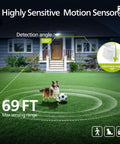 Lit 72W LED Security Flood Light With Motion Sensor installed on house, showing 69 ft sensing range and 180° detection angle.