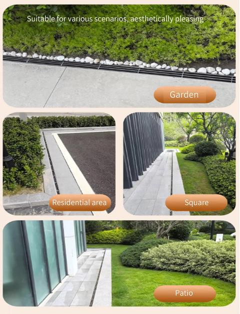 Stainless Steel Trench Drain System For Patios And Walkways in outdoor garden, residential, square, and patio settings.