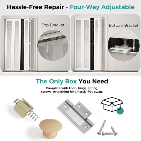 Heavy Duty Bifold Door Hardware Kit With Two 36 Inch Tracks For 72 Inch Closet Doors components including top and bottom brackets for easy installation.