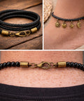 Jewelry with Antique Bronze 2mm Cord End Caps With Lobster Claw Clasps for secure kumihimo beadwork on black braided cord.