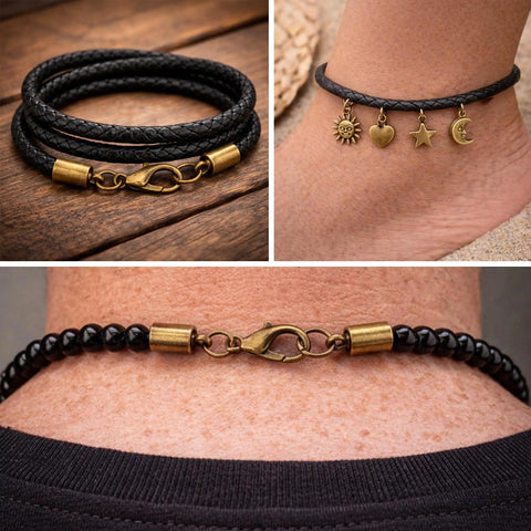 Jewelry with Antique Bronze 2mm Cord End Caps With Lobster Claw Clasps for secure kumihimo beadwork on black braided cord.