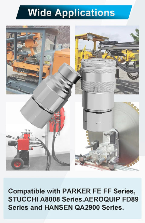 1/2 in NPT flat-face hydraulic quick-connect coupler with dust caps; ISO 16028, for skid steer Bobcat, 1 set