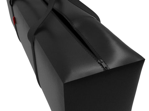 Outdoor Rectangular Cushion Storage Bag With Zippered Closure And Handles For Cushions Up To 50 By 13 By 20 Inches Keeps Cushions Safe From Sun And Rain Weatherproof Polyester With Waterproof Backing Scratch And Water Resistant Black close-up view with zipper and handles.
