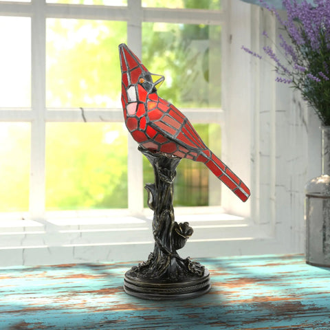 Stained Glass Bird Accent Lamp With Tiffany Style Vibe, Blue Jay Design, 8 Inch Wide By 13.5 Inch High, Bronze-Toned Tree Base