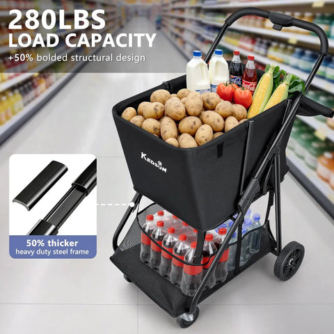 Heavy Duty Grocery Cart On Wheels With Seven Inch Dual Bearing Rubber Wheels And 360 Degree Swivel Brakes 4.59 cu ft 280 lb