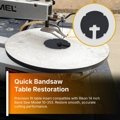 Pro Grade Zero Clearance Table Insert For Dremel 1671 Scroll Saw With Tight Blade Support Replacement Plate installed on saw table.