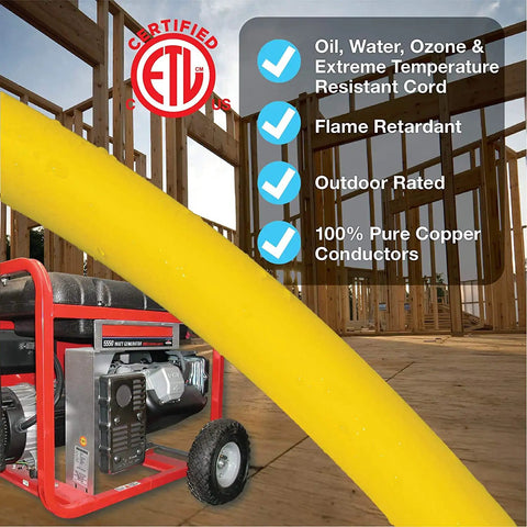 Heavy Duty Generator Adapter For 20 Amp T Blade Plug To T Slot With Power Indicator Light 12 Gauge in yellow at job site