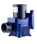 Blue submersible pond pump with black motor housing and threaded discharge outlet (side view).