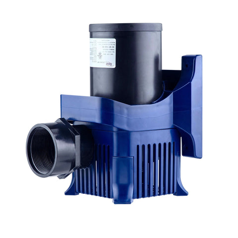 Blue submersible pond pump with black motor housing and threaded discharge outlet (side view).