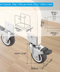 1.5 Inch Swivel Caster Wheels With 1 Inch U Bracket Four Pack Mute Casters With Brake For Cabinets Furniture And Tables Total Load 132 Lbs 60 Kg TPR Wheel And Mounting Hardware Included, installed on furniture.