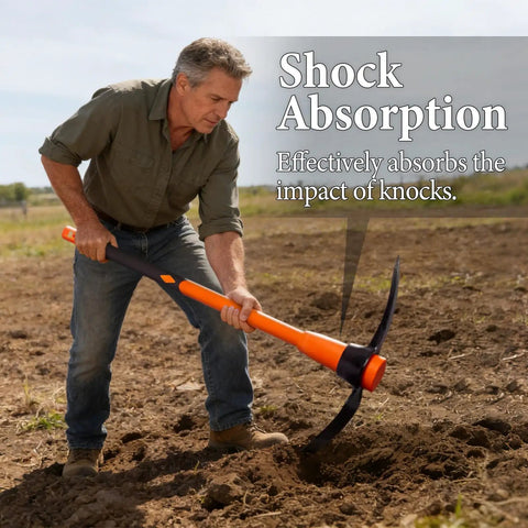 Man using Heavy Duty Pickaxe For Digging With Shock Absorbing Handle 36 Inches Durable Manganese Steel Head For Hard Ground