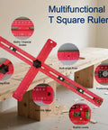 Red 5-In-1 T Square Ruler 24 Inch Portable Drill Alignment Tool on workbench showing metric scales and bubble levels.
