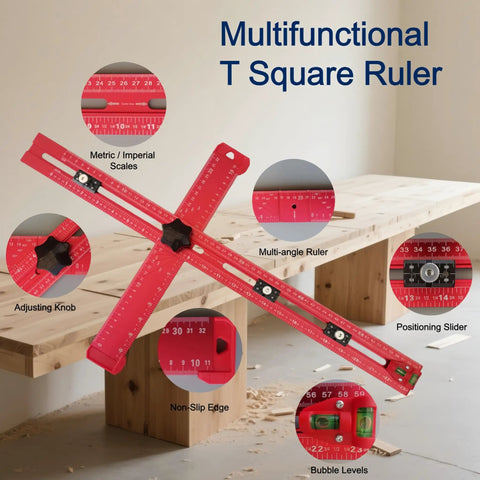 Red 5-In-1 T Square Ruler 24 Inch Portable Drill Alignment Tool on workbench showing metric scales and bubble levels.