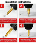 Installation guide for 6 Piece Damaged Screw Extractor Set With HSS Drill Bits for removing rusted screws, heavy duty kit use.
