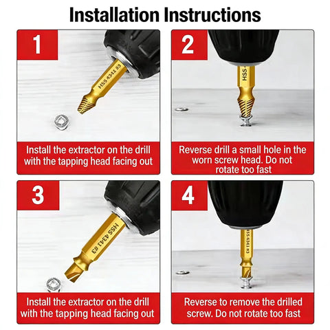 Installation guide for 6 Piece Damaged Screw Extractor Set With HSS Drill Bits for removing rusted screws, heavy duty kit use.