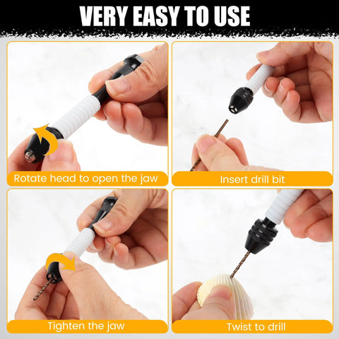 Step-by-step usage of Precision Pin Vise Hand Drill Set 25 Pcs For Jewelry Making And Miniatures with HSS bits.