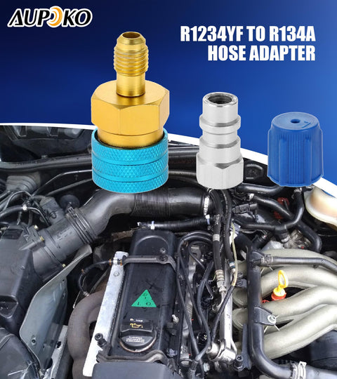 R1234YF To R134A Low Side Quick Coupler For Car AC Charging With R12 To R134A Hose Adapter Fitting over engine bay view.