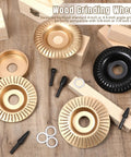 Pro Grade Wood Carving Disc Kit with 4 gold carving discs, black grinding heads, adapter rings, for 4 and 4.5 inch angle grinders.