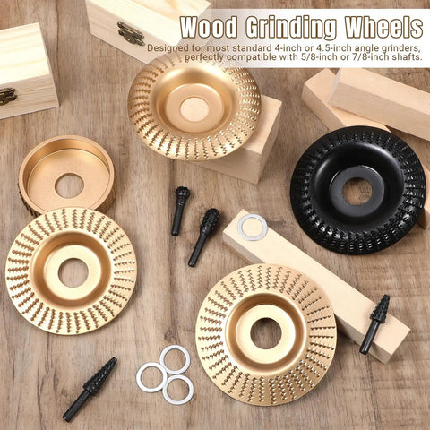 Pro Grade Wood Carving Disc Kit with 4 gold carving discs, black grinding heads, adapter rings, for 4 and 4.5 inch angle grinders.