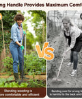 Comparison of weeding with long-handled 2 In 1 Garden Hoe Cultivator and short hoe, focusing on comfort and efficiency.