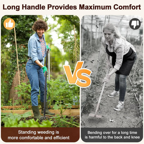 Comparison of weeding with long-handled 2 In 1 Garden Hoe Cultivator and short hoe, focusing on comfort and efficiency.