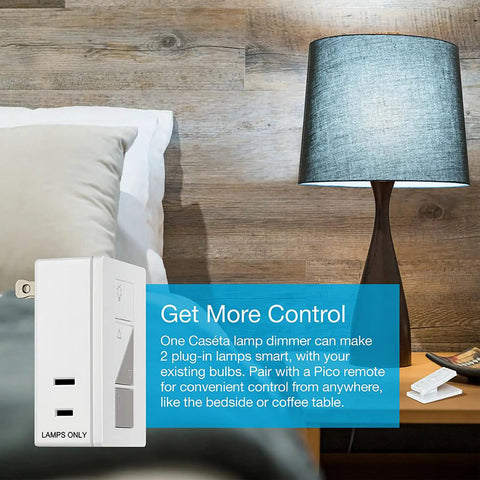 Caseta Plug In Smart Lamp Dimmer Switch For Floor And Table Lamps, shown near a table lamp, in a modern living room setting.