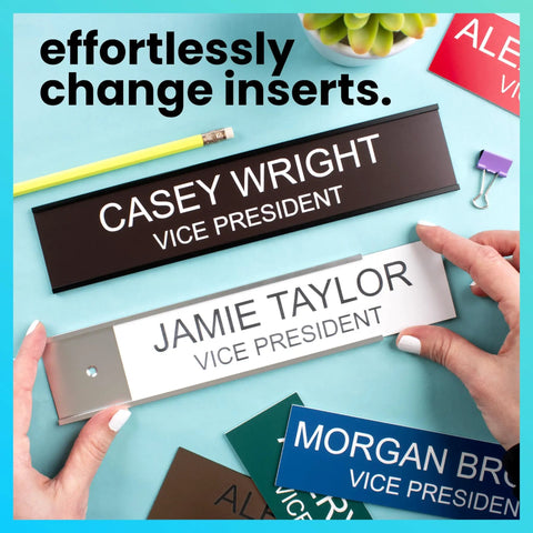 Hands changing inserts on custom name plate for desk or door with 14 color options, 2 by 8 inches, easy to personalize, office sign.