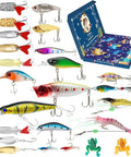 24 Piece Fishing Lure Kit Tackle Box Set With Bass Lures Variety Pack Poppers Minnows Frogs Soft Baits Spoons displayed