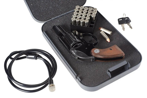 Keyed Lock Box for Handguns, Large Portable Steel Safe and Case, open with handgun, ammunition, and security cable, 9.5 x 6.5 x 1.75 Inches