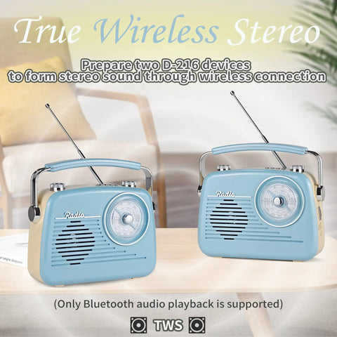 Two Grab N Go Portable AM FM Shortwave Radio Bluetooth Speakers with TWS, displayed on a wooden table indoors.