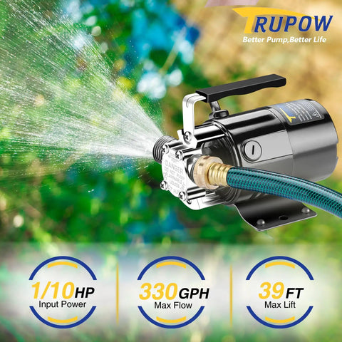 Tiny But Mighty Portable Water Transfer Pump 1/10 HP 330 GPH 115 Volt With On Off Switch spraying water outdoors