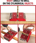 Pro Grade 30 Degree 45 Degree 90 Degree Angle Drill Guide Jig for hand drills, showing drilling into wood and cylindrical objects.