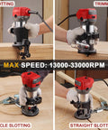 Smooth Operator Corded Wood Router With Variable Speed And 15 Pc Bit Set, showcasing slotting and trimming features on wood.