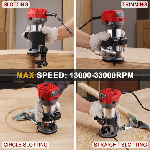 Smooth Operator Corded Wood Router With Variable Speed And 15 Pc Bit Set, showcasing slotting and trimming features on wood.