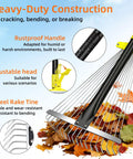 Go To Adjustable Metal Leaf Rake With Wide And Narrow Modes showing rustproof handle and adjustable steel head for lawn care.