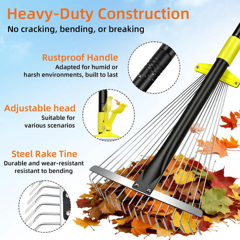 Go To Adjustable Metal Leaf Rake With Wide And Narrow Modes showing rustproof handle and adjustable steel head for lawn care.